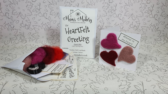 Needle Felting kit in envelope and finished kit greeting card with 3 hearts