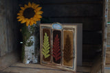 Needle felted autumnal card with fern details and sunflower in wooden rustic background